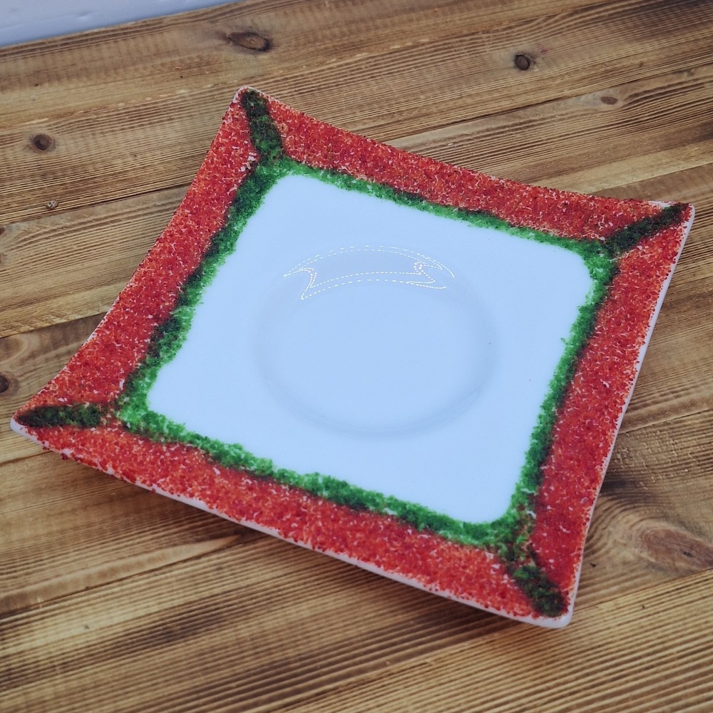 Fused Art Glass Holiday Trinket Dish Raised Textured Santa Cookie Tray 7"